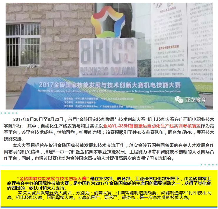 【獲獎名單出爐】亞龍YL-335N智能搬運自動化生產(chǎn)線實訓考核裝置亮相“金磚國家技能發(fā)展與技術(shù)創(chuàng)新大賽”機電技能大賽！
