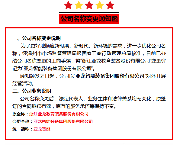 【公司名稱變更通知函】“浙江亞龍教育裝備股份有限公司”升級更名“亞龍智能裝備集團股份有限公司”！