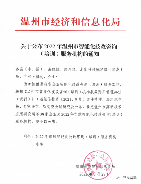亞龍智能·為你賦能 | 亞龍智能裝備集團(tuán)股份有限公司入選為“2022年市級智能化技改咨詢（培訓(xùn)）服務(wù)機(jī)構(gòu)”